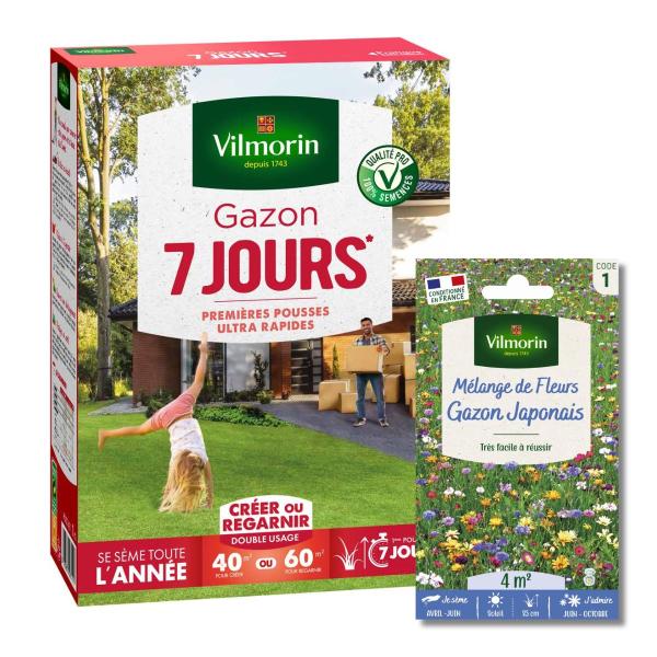 7 jours, pousse rapide - Gazon 7 jours - 1 kg + Gazon Japonais - 4 m² - Mélange de fleurs - face recto